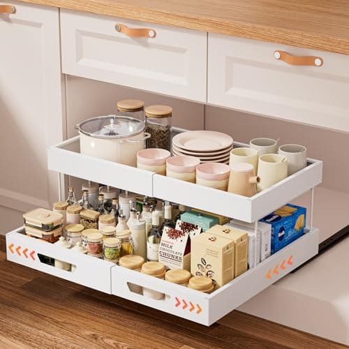 Nacial 2 Tier Pull Out Cabinet Organizer, Expandable(12.3"-20.7" W) Slide Out Cabinet Drawer with Adhesive Nano Film, Adjustable Heavy Duty Roll Out Shelves for Kitchen Pantry Bathroom Storage, White