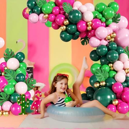 Tropical Flamingo Balloon Arch Kit 149Pcs Pink and Green Balloons Include Hot Pink Macaron Pink Green Gold Balloons with Palm Leaves for Hawaiian Luau Aloha Summer Beach Birthday Party Decorations - Thumbnail 6