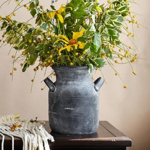 Quoowiit Ceramic Rustic Farmhouse Vase, Distressed Decorative Flower Vases for Home Decor, Ideal Shelf Decor, Grey Boho Vase for Living Room Bedroom Kitchen Office Centerpiece Table Decorations - Image 1