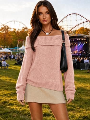 ATHMILE Pink Off the Shoulder Sweater Womens Oversized Spring Tops Batwing Sleeve Loose Pullover Fall Winter Outfits - Thumbnail 4