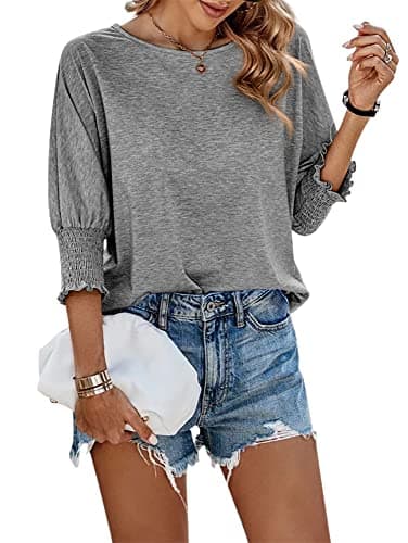 Fazortev Women's 3/4 Sleeve Casual Tops Solid Color Crew Neck Loose Fit Shirts Blouses Grey - Image 1