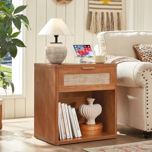 LEYAOYAO Rattan Nightstand with Charging Station, Tea Brown Night Stand with Drawer, 23" Wide Boho Bedside Table with Storage Shelf, Bed Side End Tables for Bedroom, Living Room, Hallway - Thumbnail 2