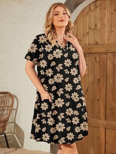 AusLook Plus Size Midi Dress for Women V Neck Short Sleeve Summer Casual Loose Fit Vacation 5X Sundress with Pockets - Thumbnail 3