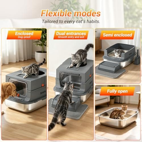 Cat Litter Box - Stainless Steel Litter Box with Lid for Large &Kitty,Enclosed Litter Box Includes Litter Scoop, Elevated Step Box, and Activated Carbon Pack, 23.6“ x 16.9” x 16", Dark Gray - Thumbnail 2