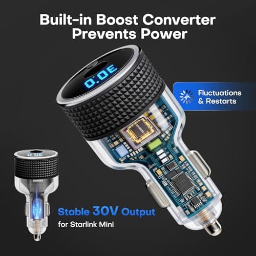 Starlink Mini Car Adapter 12V/24V to 30V, No Reboot Power, Digital Voltage Display, Keeps Starlink Online, 60W Cigarette Lighter Adapter, Supports 16AWG 30M Cable, All-Metal for RV Boat Truck (Silver) - Thumbnail 4