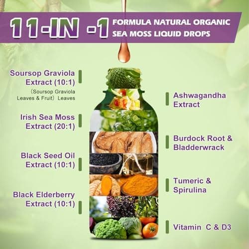 B BEWORTHS Sea Moss Liquid Drops - Irish Sea Moss & Black Seed Oil with Ashwagandha, Soursop Bitters, Elderberry, Burdock Root, Bladderwrack, Seamoss Supplement Support Antioxidant, Immune, Gut Health - Thumbnail 2