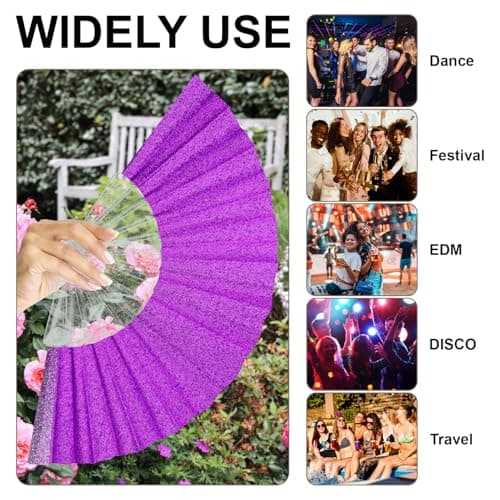 EOSAU Glitter Folding Hand Fans for Women Foldable Handheld Clack Fans for line Dancing, Wedding, Church, Festival, EDM, Party, Club, Rave Accessories (9" Purple) - Thumbnail 5