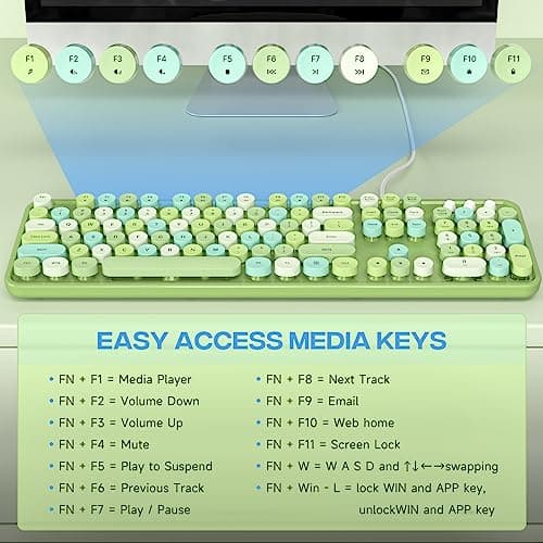 Atelus Computer Keyboard Wired, Typewriter Style, Plug Play USB Keyboard with Large Number Pad, Caps Indicators, Foldable Stands, Full Size Wired Keyboard for Windows PC Laptop (Green Colorful) - Thumbnail 5