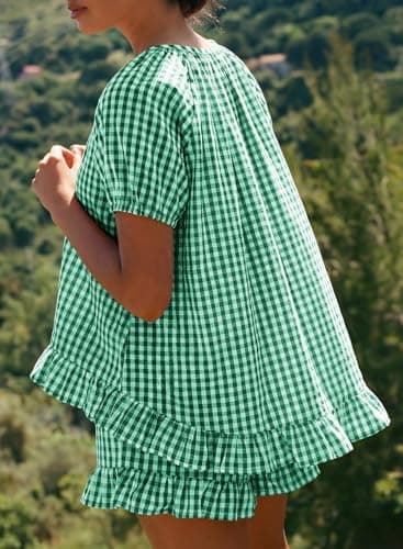 BLENCOT Maternity Pajamas Set Button Down Gingham Sleepwear Tops and Shorts 2 Piece Lounge Sets Pregnancy Clothes for Women Green Small - Thumbnail 6