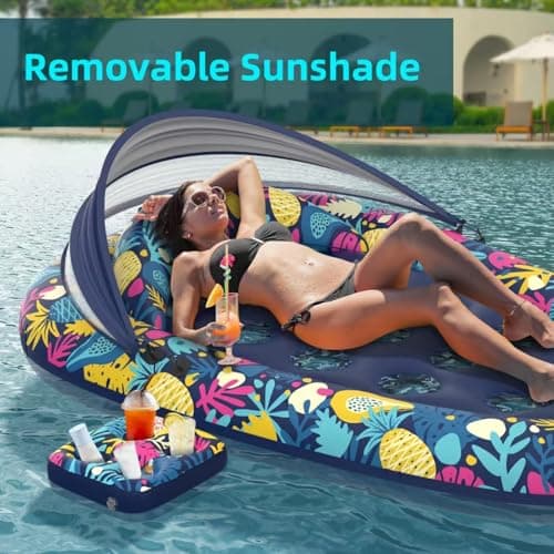 Sunikko X 3-in-1 Pool Floats with Canopy Cup Holder, Tanning Pool Large 73" x 48" Float Adult Heavy Duty, Inflatable Lounger Raft Floating Chair with Backrest, Swimming Pool Lake Beach Party - Thumbnail 6