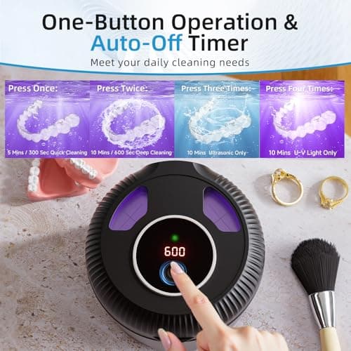Ultrasonic Retainer Cleaner Machine, 45kHz Dental Cleaning Pod for Dentures, Jewelry, Toothbrush Heads, Mouth Guards, Aligners, Braces, 200ML Denture Cleaner 4 Modes & Digital Timer, Black - Thumbnail 5
