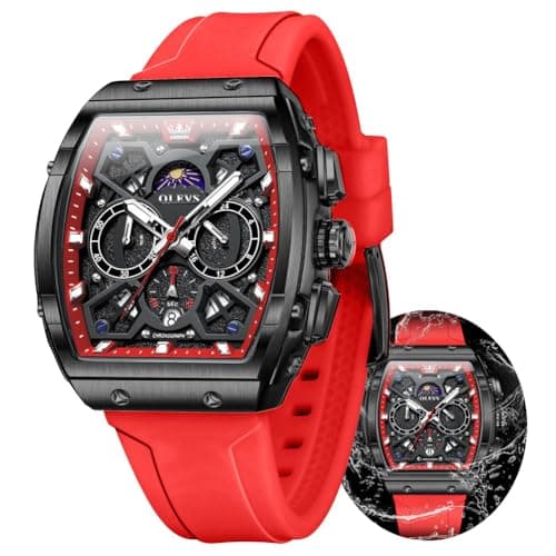 OLEVS Red Watch Luxury Square Black Large Face Chronograph Waterproof Watches for Men Fashion Casual Analog Moon Phase Calendar Adjustable Rubber Man Watch Reloj Hombre - Image 1