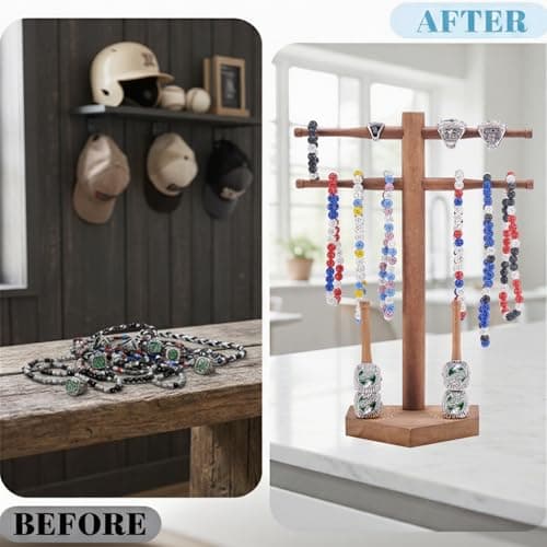 Eorakla NEW Wooden Baseball & Softball Championship Ring Holder with Drip Necklace Display – Sports Organizer for Jewelry & Awards,Valentines Day Gifts for Him(NO TEXT) - Thumbnail 5