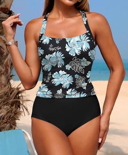 ZAFUL Tankini Swimsuits for Women Tummy Control Bathing Suits with Shorts Two Piece Tankinis Swim Suits for Women 2026 Green Black Flower M - Thumbnail 3
