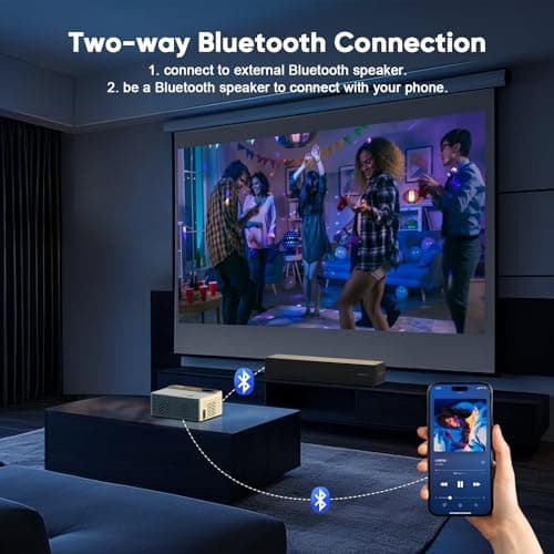 TMY 1080P Full HD Portable Mini Projector, Bluetooth Movie Projector, Compatible with TV Stick/Smartphone/PC/Game Console/HDMI/USB, Indoor & Outdoor Use, with Projector Screen - Thumbnail 3