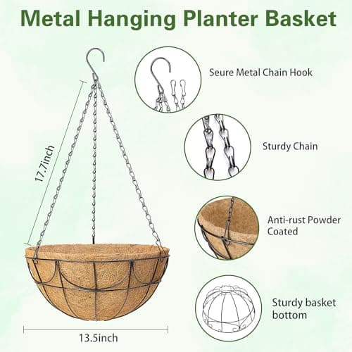 13.5 Inch 4 Pack Hanging Baskets Planters for Outdoor Plants - Wire Hanging Baskets Plant for Plants Outdoor with Coco Liners Minimalist Metal Hanging Pots for Outside Garden Patio Porch Decor - Thumbnail 3