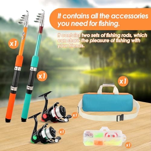 2PCS Fishing Rod Reel Combo 5.9FT Telescopic Fishing Pole Spinning Reel with Baits Hooks Storage Bag Compact Collapsible Fishing Pole Starter Kit for Kids Youth Adults Travel Fishing Gear - Thumbnail 2