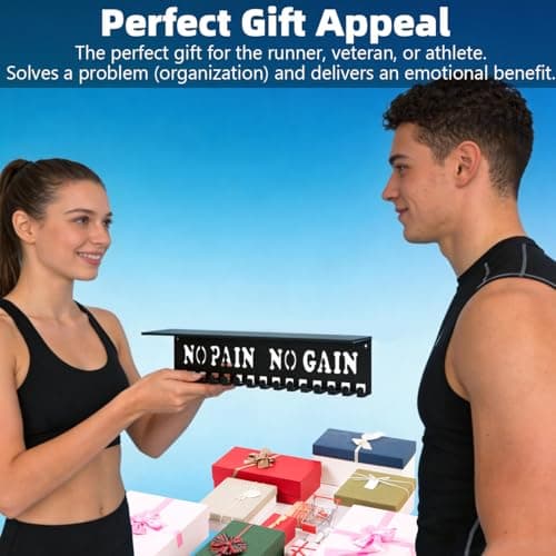 Bliocefo Medals Hanger Holder Display Steel Rack Hooks Wall Mount Frame Over 60 Medals-Sports Medal Hook Storage Organizer Never Give Up Ribbon with Easy Hanging Bars Black (No Pain No Gain Shelf) - Thumbnail 6