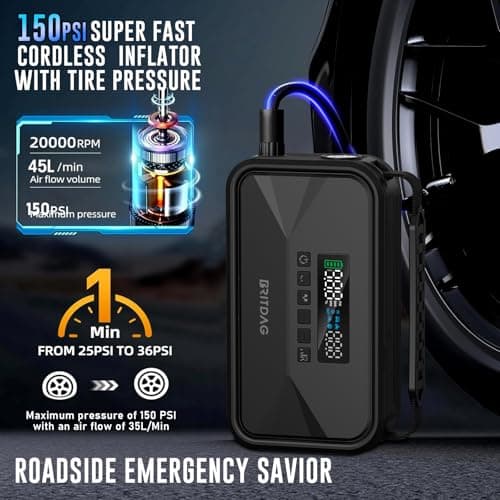 BRITDAG Portable Car Jump Starter with 150PSI Air Compressor - 2000A Peak, 12V Lithium Battery Booster, PD45W Power Bank, Emergency Tire Inflator for Cars, Trucks, RVs & Outdoor Gear - Thumbnail 3