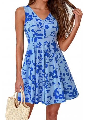 BTFBM Womens Summer Dresses 2026 Spring Casual Sleeveless Floral Knit Flowy A-Line Mini Dress Pockets Beach Sundress(Floral Light Blue Blue, XX-Large) - Image 1