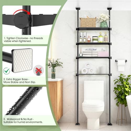 SUNALLY Over The Toilet Storage Shelf, 4-Tier Adjustable Over Toilet Bathroom Organizer,Tension-Mounted Bathroom Storage Rack for Ceilings, No Drill Space-Saving Shelving for Small Rooms,Black - Thumbnail 4