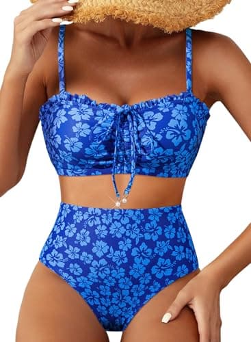 Herseas Women's Floral Print 2 Piece Bikini Sets Lace Up Front Pearl Decor Swimsuits Padded Ruched Ruffle Trim High Waisted Bathing Suit Vintage Holiday Outfits 2026 Summer Navy Blue Floral X-Small - Image 1
