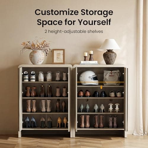 ModernMate 43" Tall Shoe Cabinet, Shoe Storage Cabinet for Up to 20 Pairs, Modern Fluted Shoe Organizer with Adjustable Shelves & Curved Profile, Wood Entryway Cabinet for Hallway, Apartment, Closet - Thumbnail 4
