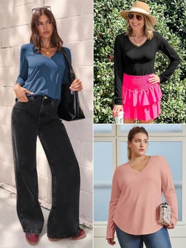 ATHMILE Womens 2026 Fall Long Sleeve Shirts Basic Apparel Shirts Trendy V Neck Tshirt for Women Curved Hem Tops Z-Wine Red - Thumbnail 6