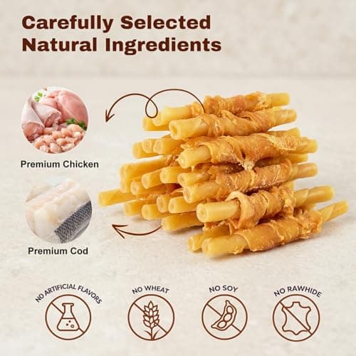 PETPHABET Chicken Wrapped Cod Sticks Dog Treats - 5 Inch Healthy Jerky Rawhide Free Dog Chews, Soft Puppy Training Snacks for Small, Medium, Large Dogs, Rich in Omega-3, High Protein & Low Fat, 14oz - Thumbnail 2
