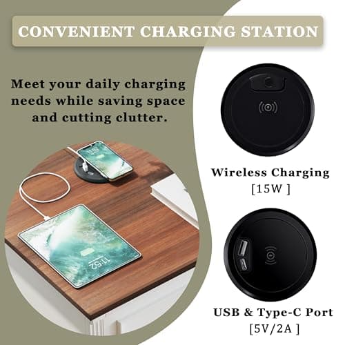 HUAHUU Farmhouse Nightstand Set of 2, Side Table with Wireless Charging Station, Wood Rustic End Table with Roman Column & Metal Handle for Bedroom, White - Thumbnail 6