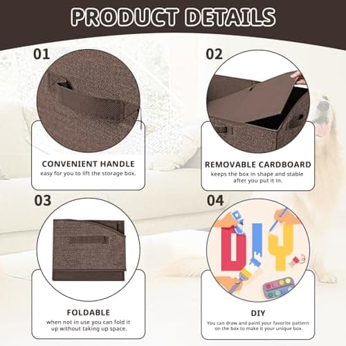 COSOWO Foldable Pet Toy Storage Box with 3 Handles, Portable Organizer Basket for Dog Toys, Blankets & Accessories, Dark Brown - Thumbnail 4