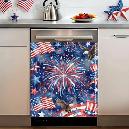 4th of July Decorations Magnetic Dishwasher Cover 23"x26" - Starry Night Fireworks & Eagle Kitchen Decor - American Flag Fabric Fridge Panel - Thumbnail 6