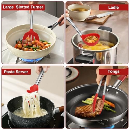 8 PCS Silicone Kitchen Utensils, Vayvnt Large Cooking Utensils Set for Nonstick Cookware, Silicone Spatula Set Includes Spoons and Tongs, Kitchen Essentials for Cooking & Baking, Dishwasher Safe, Red - Thumbnail 6