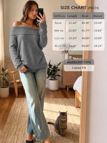 ATHMILE Cute Tops for Womens Off The Shoulder Sweaters Oversized Batwing Sleeve Loose Pullover Spring Fall Winter Outfits Dark Grey - Thumbnail 6