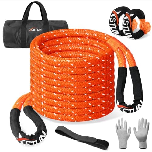 XSTUN 1" x30ft Kinetic Recovery Rope, 35% Stretch - 48K lbs Snatch Rope for Offroad & Snow Rescue, Includes Level 5 Cut-Resistant Gloves, Compatible with Jeep, Truck & ATV (Orange)