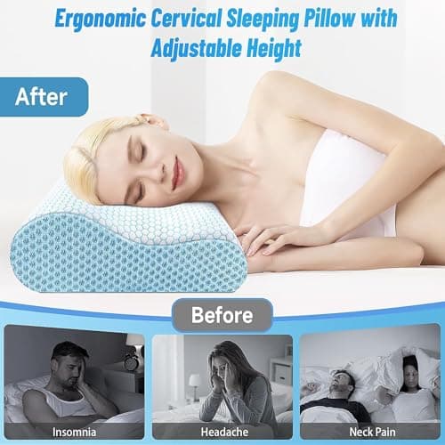CloudBliss Memory Foam Pillow, Ergonomic Neck Contour Cervical Pillow for Back and Shoulder Pain, Orthopedic Pillow for Neck Pain Relief, for Sleeping Side, Back, Stomach Sleepers - Blue, King - Thumbnail 6