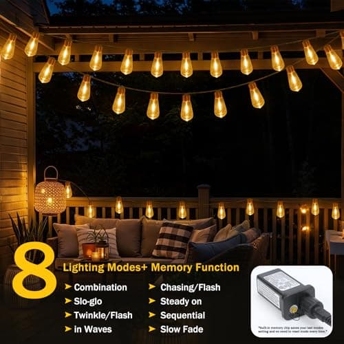 (New) Outdoor String Lights, 24FT 20 LED Hanging Bulbs Lights, IP65 Waterproof 8 Modes Plug-in Shatterproof Patio Globes Lights with Rope Hemp String for Backyard Balcony Camping Bistro - Warmwhite - Thumbnail 4