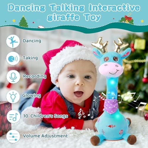 LLUKEME Dancing Talking Giraffe with Golden Antlers Toy, Stuffed Animal Baby Toy Repeating What You Say, Musical Toy with Golden Anlters Easter Gifts for Toddlers 1-3 Years Old (Blue Giraffe Antlers) - Thumbnail 3