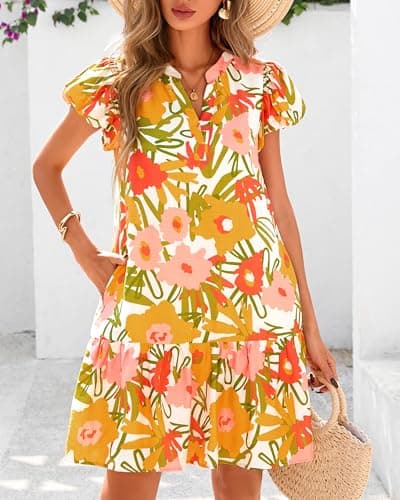 dowerme Womens Summer Dresses 2026 Puffy Sleeve V Neck Loose Floral Print A Line Boho Mini Babydoll Dress with Pockets(White Yellow Flower,Large) - Thumbnail 4