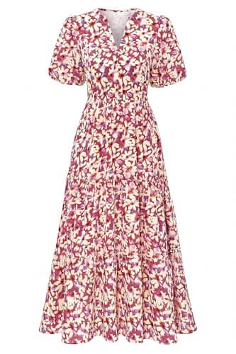 dowerme Womens Summer Dresses 2026 Casual Puff Short Sleeve V Neck Floral Boho Tiered Ruffle Maxi Dress with Pockets(Red Brown Beige Floral,Small) - Image 1