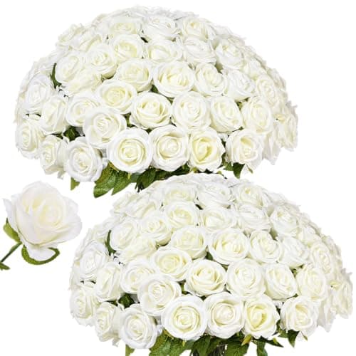 LetuoClips 50 PCS White Roses Artificial Flowers, Fake White Roses Bouquet,White Artificial Silk Roses with Stems for DIY Wedding Flowers Decoration, Valentines Day, Home Decor, Bridal Bouquet Roses