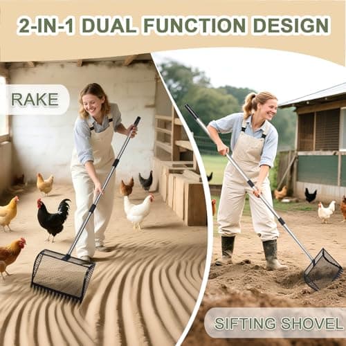XOTTI 12 Inch Large Chicken Poop Scooper & Rake 2-in-1, Metal Chicken Coop Scoop with 36 to 75" Adjustable Stainless Steel Handle, Durable Sand Litter Sifting Shovel for Farm Animals - Thumbnail 2