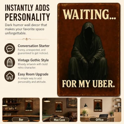 Gothic Decor Retro Metal Tin Sign Waiting for My UBER Grim Reaper Horror Wall Decor, Skull Decor Halloween Decorations for Home Bar Pub Garage, Witchy Decor Book Shelf Dark Academia 8x12 Inch - Thumbnail 6
