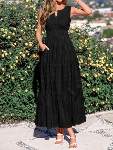 BTFBM Summer Dresses for Women 2026 Sleeveless Boho V Neck A Line Flowy Spring Casual Maxi Dress Beach Vacation Pockets(Black, Medium) - Thumbnail 4