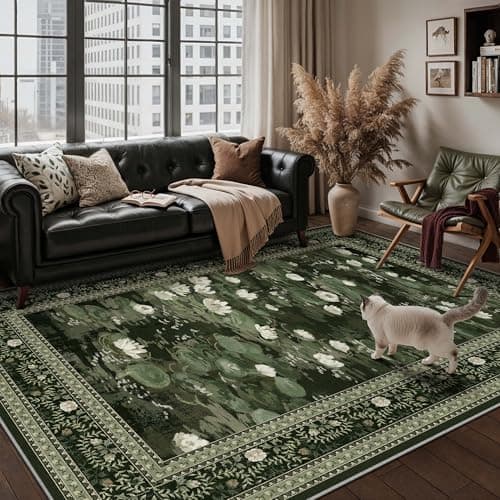 PureCozy Washable 8x10 Area Rug for Living Room Green Floral Indoor Large Carpet Non Slip Low Pile Vintage Impressionist Rugs for Bedroom Dining Room Nursery Playroom Farmhouse Decor - Thumbnail 2