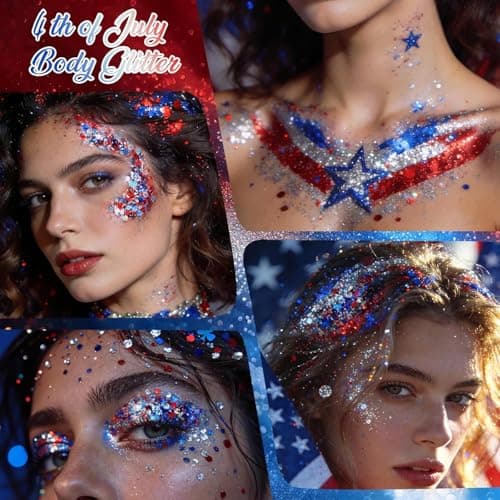 4th of July Body Glitter, 4th of July Glitter Stick, 4th of July Accessories, Fourth of July Outfit Women, Red White and Blue Accessories, Sparkling Makeup for Women, Independence Day - Thumbnail 4