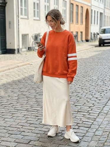 KevaMolly Women Varsity Striped Drop Shoulder Sweatshirt Orange XXL - Thumbnail 6