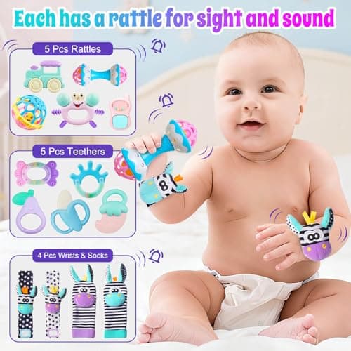 Baby Toys 0-6 Months - Baby Rattles Teething Toys 3-6 Month Infant Toys 6-12 Months Teether Toy 3 4 5 6 Month Old Newborn Essentials Must Haves Wrist Socks Christmas Gifts Valentines Gifts for Kids - Thumbnail 2