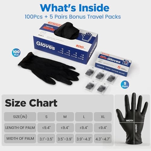 ONLYSTAR 5 Mil Black Nitrile Gloves Disposable, Small 100Pcs + 5 Bonus Travel Packs, Food Service, Non latex, Powder Free, Textured Grip for Cleaning, Cooking Food Prep, Kitchen, Nail Tech, Pet Care - Thumbnail 2