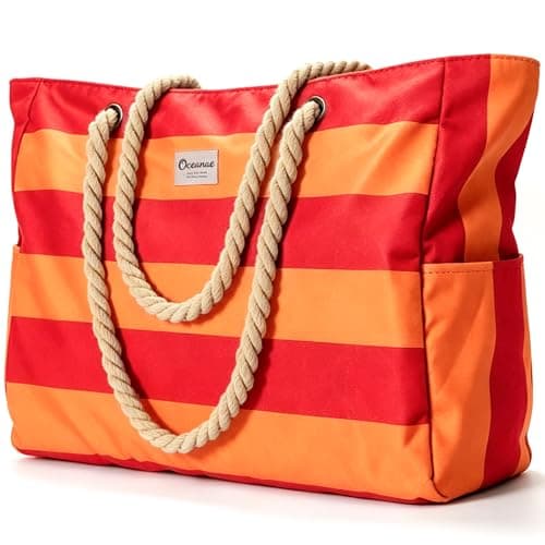 Oceanae Large Beach Bags Waterproof Sandproof, XL Swim Pool Tote Bag with Zipper for Women, Red Orange - Image 1